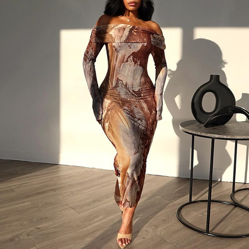ins foreign trade women's clothing retro fashion print sexy one shoulder long sleeved one-step dress trendy dress brown S