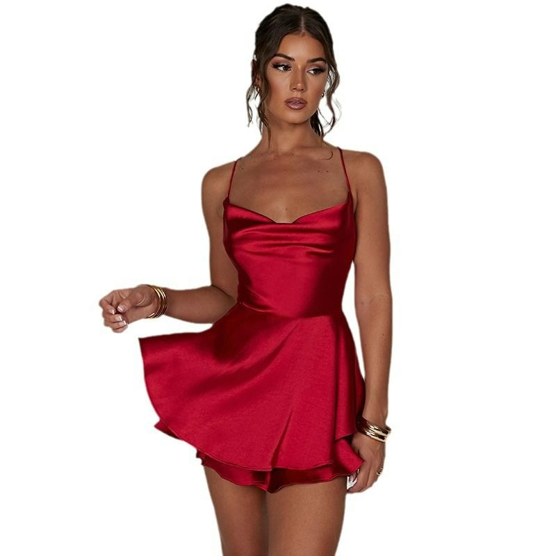 2024 Dress Cross border Women's Foreign Trade Short Style Summer New Style backless Sexy Fashion Satin Strap Hoodie white S