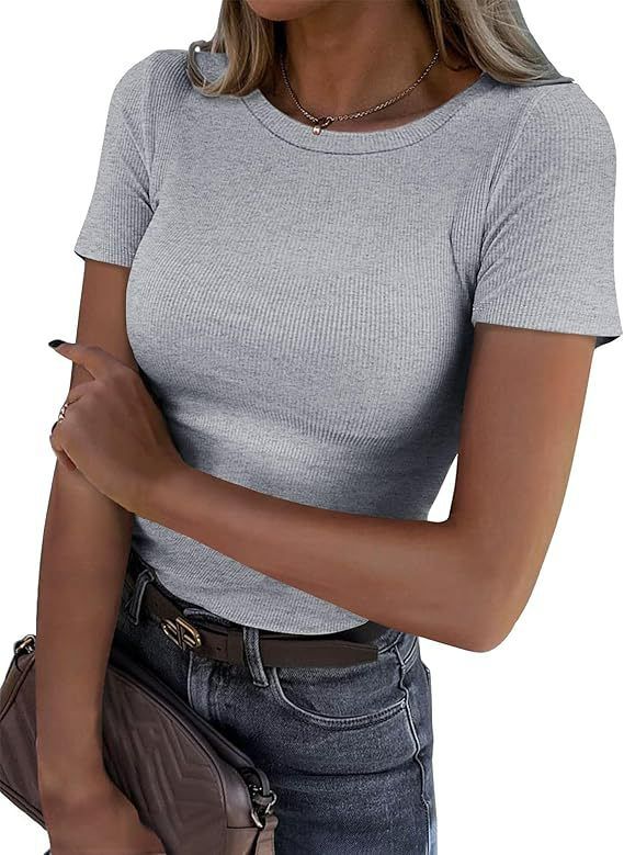 2024 European and American Cross border New Women's Long sleeved Elastic Round neck Ribbed T-shirt Slim fit Casual Basic Top Gray S