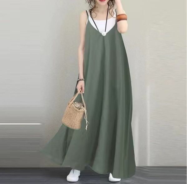 2020 Women Casual Loose Solid Skirt V-Neck Open Back Sexy Maxi Dress Sleeveless Women Party Dress green M