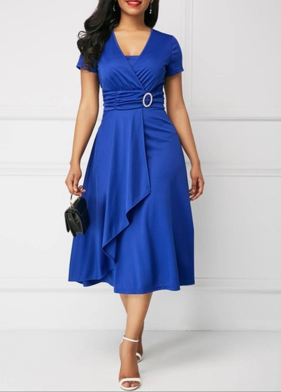 2023 amazon wish independent station fashion temperament asymmetrical large skirt v-neck dress party evening dress. blue S