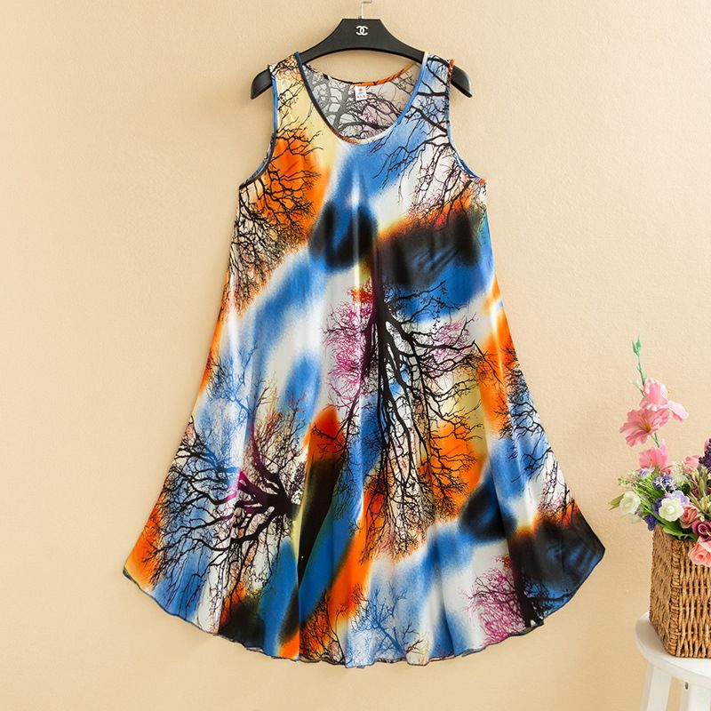 Large size cotton vest dress for summer, new ethnic style women's clothing, artistic retro printed sleeveless long skirt with large swing