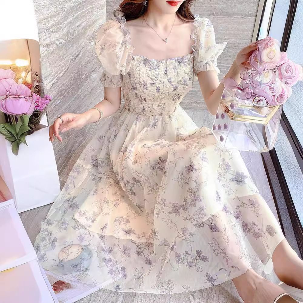 Summer tea break, French ink painting, waist cinching, slimming temperament, ladies' white chiffon dress, women's clothing, mall style white S