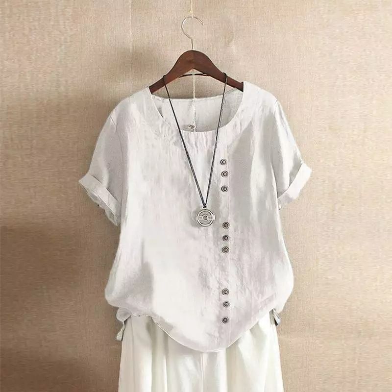 Cross border women's cotton and linen tops, plus size casual loose cotton and linen T-shirts, plus size women's AMZ hot items Contact customer ser S