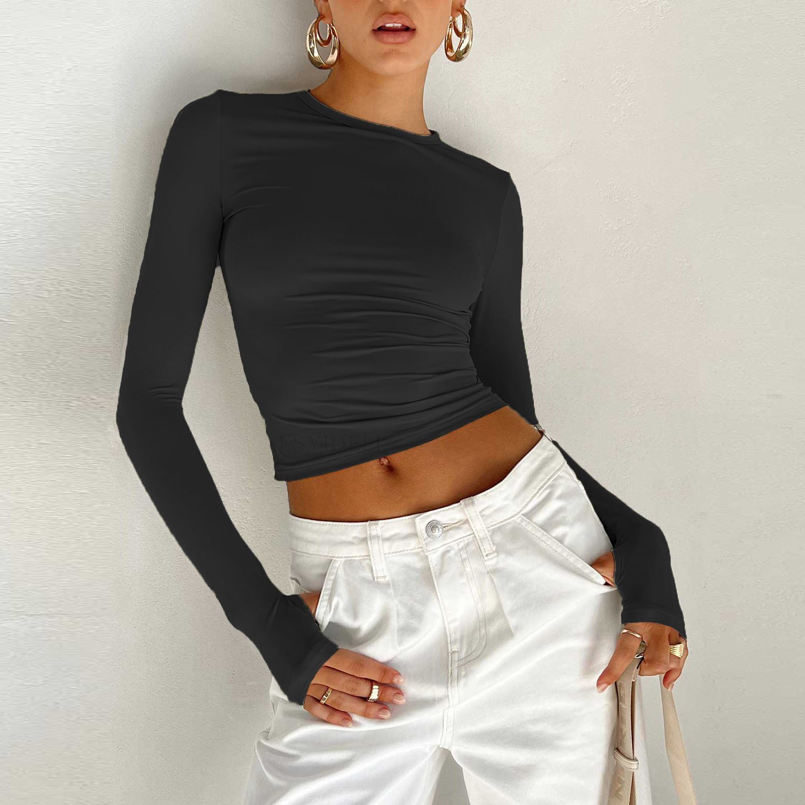 European and American women's clothing 2023 spring new T-shirt solid color round neck base shirt slim fit wearing hands long sleeved top for women Color Contact Custom M
