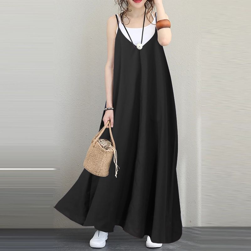 2020 women's casual loose solid skirt V-neck backless sexy long dress sleeveless women's party dress Black One size