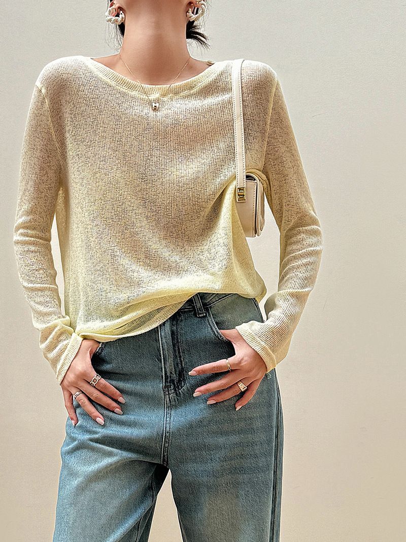 Summer Fashion Thin Sunscreen Linen Loose Knitted Hoodie Women's Lazy Style High End East Gate Long Sleeve T-shirt yellow One size fits all