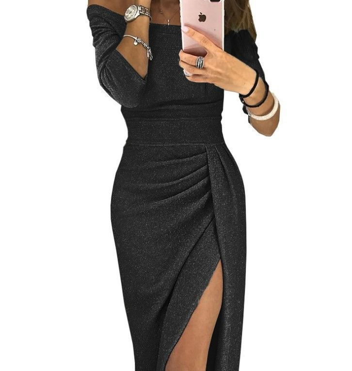 2025 eBay women's hip bag slit one neck dress, shiny dress, evening dress, not transparent Black One size