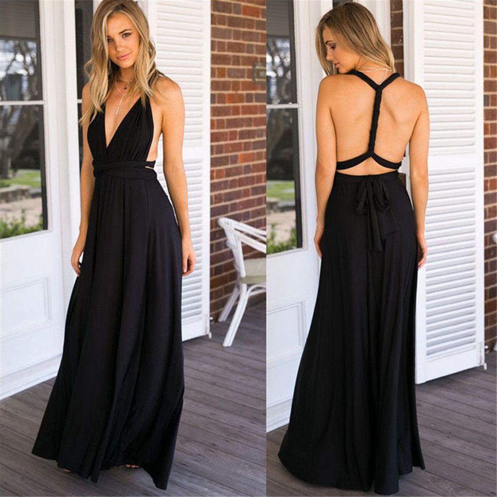 Amazon Europe and America's best-selling multi wear method, multi rope cross exposed back sexy bandage dress, long skirt dress Black One size