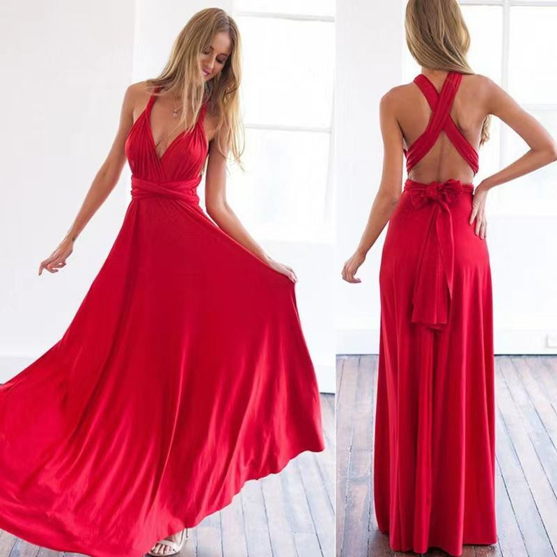 Cross border European and American solid colors, diverse wearing styles, sexy straps, red dresses, long dresses, bridesmaid dresses Black One size
