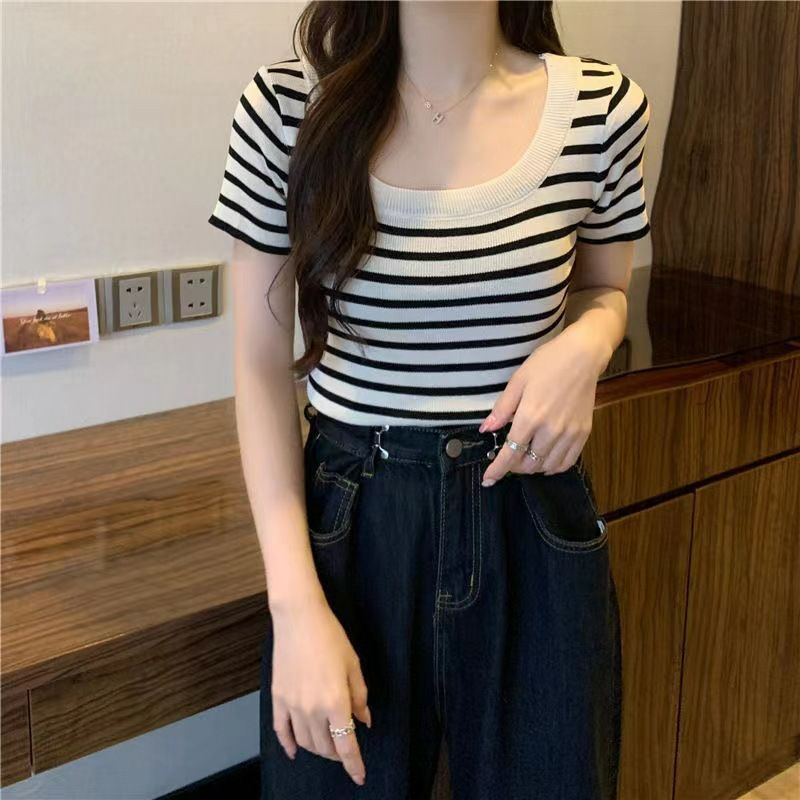 Summer Korean version versatile slim fit and slimming square neck pullover with striped short sleeved knitted shirt for women, short and small top for women White one size