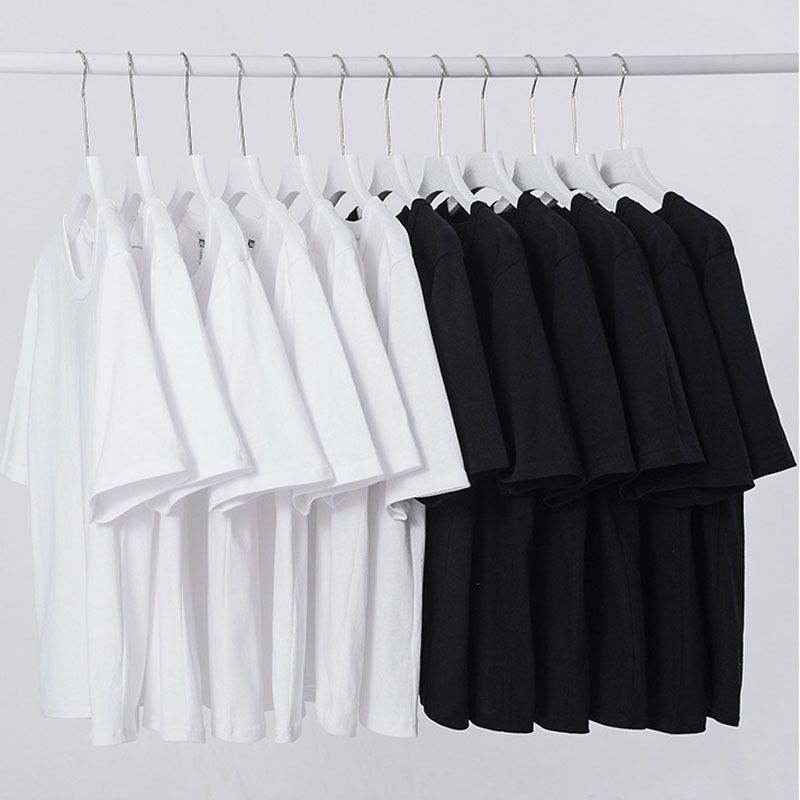Tiktok live broadcast 230g Xinjiang cotton short sleeved t-shirt round neck white bottoming shirt blank shirt men and women fashion brand Black/黑色 S