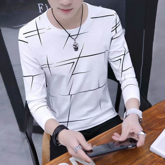 T Shirt Men Autumn Winter Men Long Sleeve T-shirt Stripe Shirt New Tshirt T Shirts O-Neck Casual Pink White Black White M