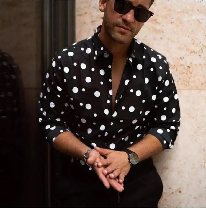Men's shirts, popular spring polka dot print casual and versatile long-sleeved shirts Black M