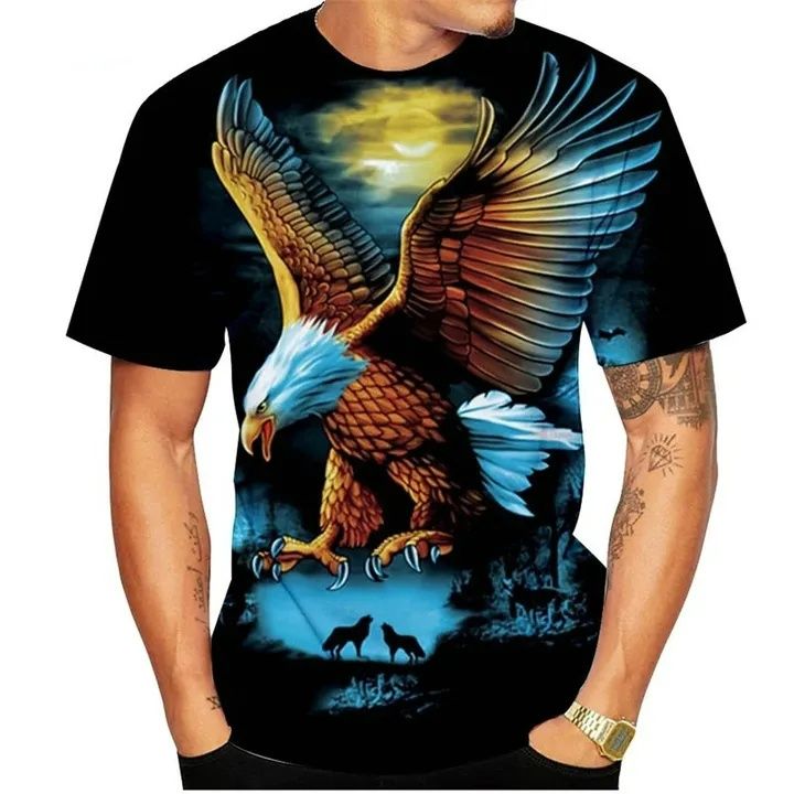 Men New Fashion Soaring Eagle 3D Men's Print Casual Round Collar Short Sleeve Man Causal Mens T-Shirt Fashion Tops Polyester Men's and Women's All-purpose Tops Black S