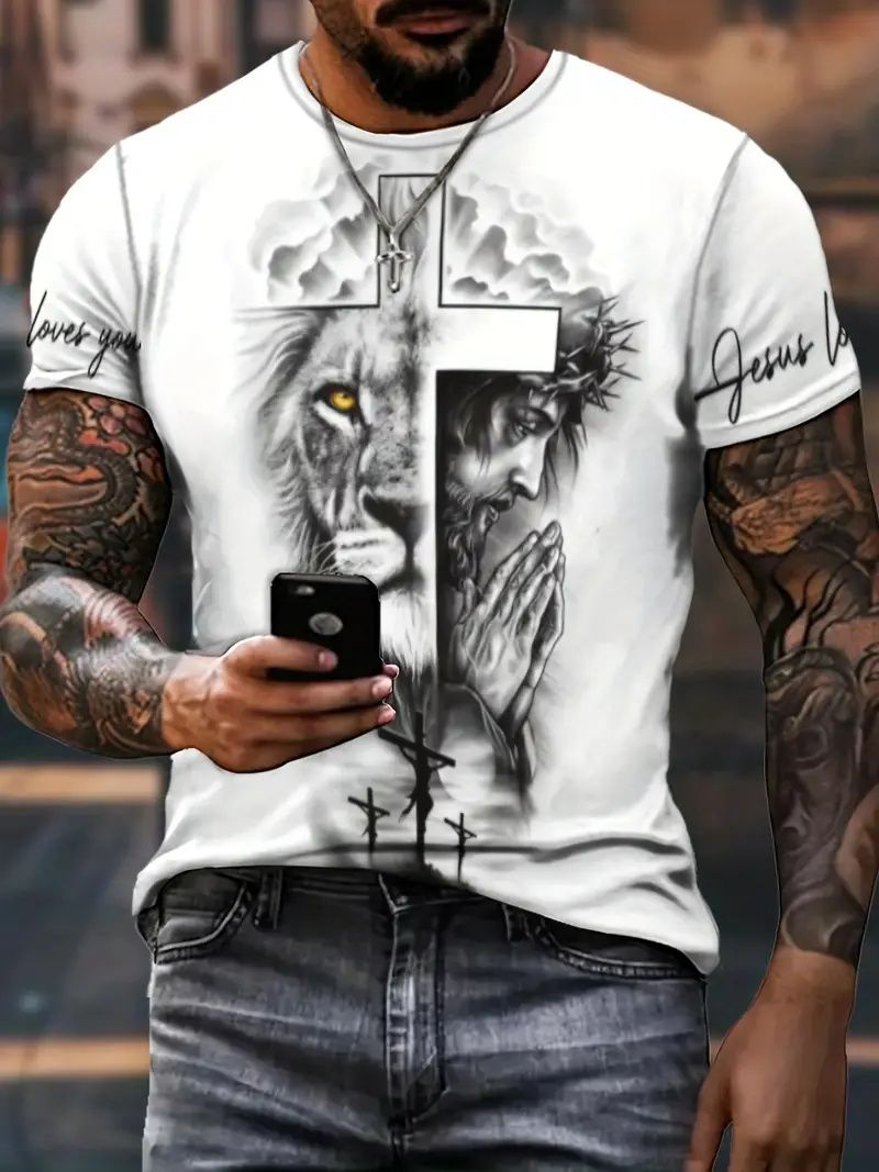 Men's Lion & Cross Graphic T-Shirt, Polyester Crew Neck Short Sleeve All Over Print with Slight Stretch, Casual Style for Adult - Machine Washable Summer Tee White S