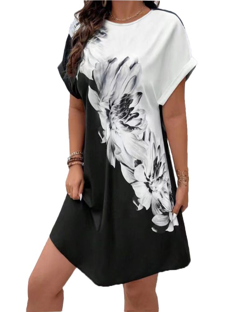 2025 European and American Amazon Wish Trendy Round Neck 3D Flower Printed Loose Bottom Women's T-shirt Dress Blue S