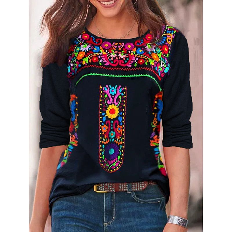 2023 European and American Amazon Independent Station Spring/Summer New Women's Top Bohemian Printed V-neck Long sleeved T-shirt for Women Green S