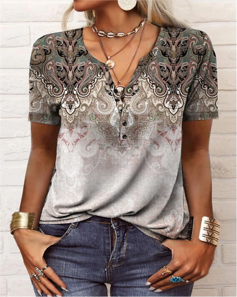 Cross border 2023 spring/summer new European and American women's clothing Amazon hot selling hot selling short sleeved printed ethnic fashion T-shirt for women 03 S