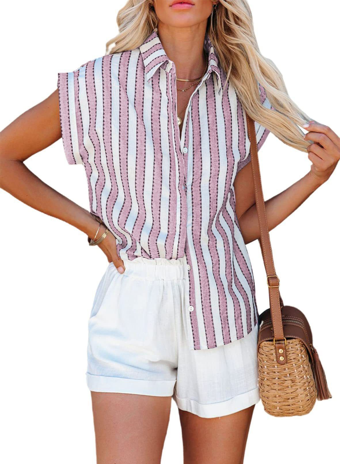 2022 Spring/Summer New Independent Station Short Sleeve Striped Shirt Women's European and American Foreign Trade Women's Loose Single breasted Shirt Pink S