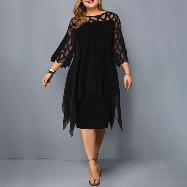 EBay, Amazon, AliExpress, Europe and America lace patchwork seven quarter sleeve irregular hem chiffon dress in stock Black 6XL