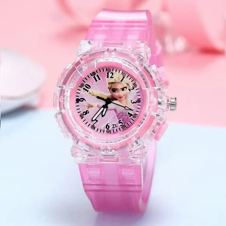 Fashion Cartoon Flash Light Girls Watches Kids Silicone Strap Princess Elsa Children Watches Clock pink one size