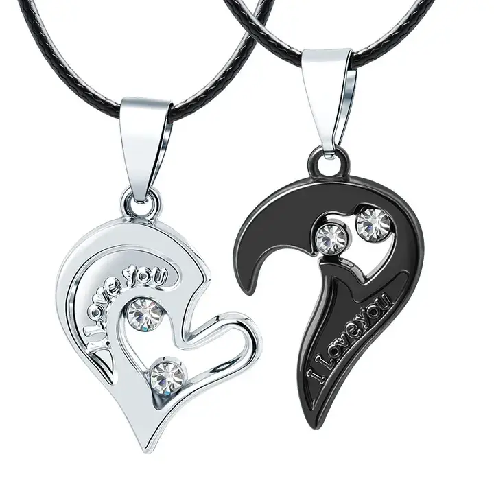 2Pcs/Set Couple Heart Shape I Love You Pendant Necklace Lovers Couples Jewelry Valentine's Gift，Fashion Couple Necklace Jewelry Unisex Lovers Couples Necklaces & Pendants Black+silver As picture