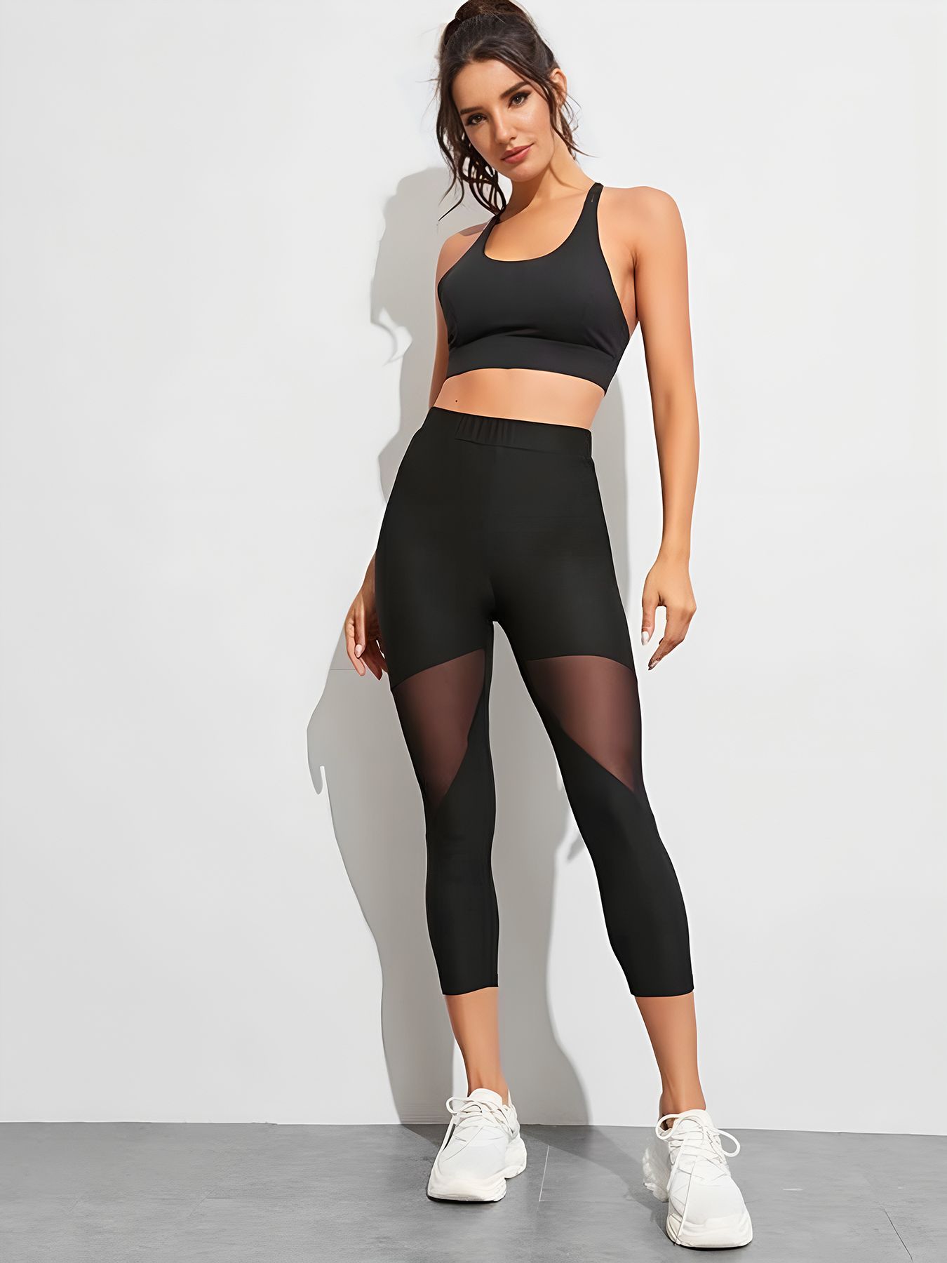 Mesh panels, cropped pants, sports yoga stretch pants, running leggings, women's pants Black S
