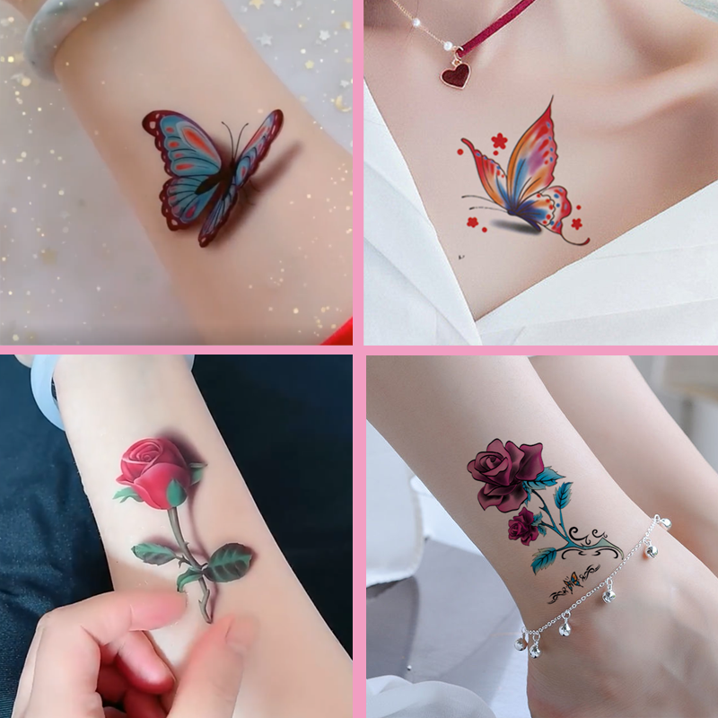 20pcs D Temporary Tattoo Stickers – Waterproof Rose & Butterfly Collarbone Body Art | Easy to Apply & Clean Long-Lasting Desig A One Size