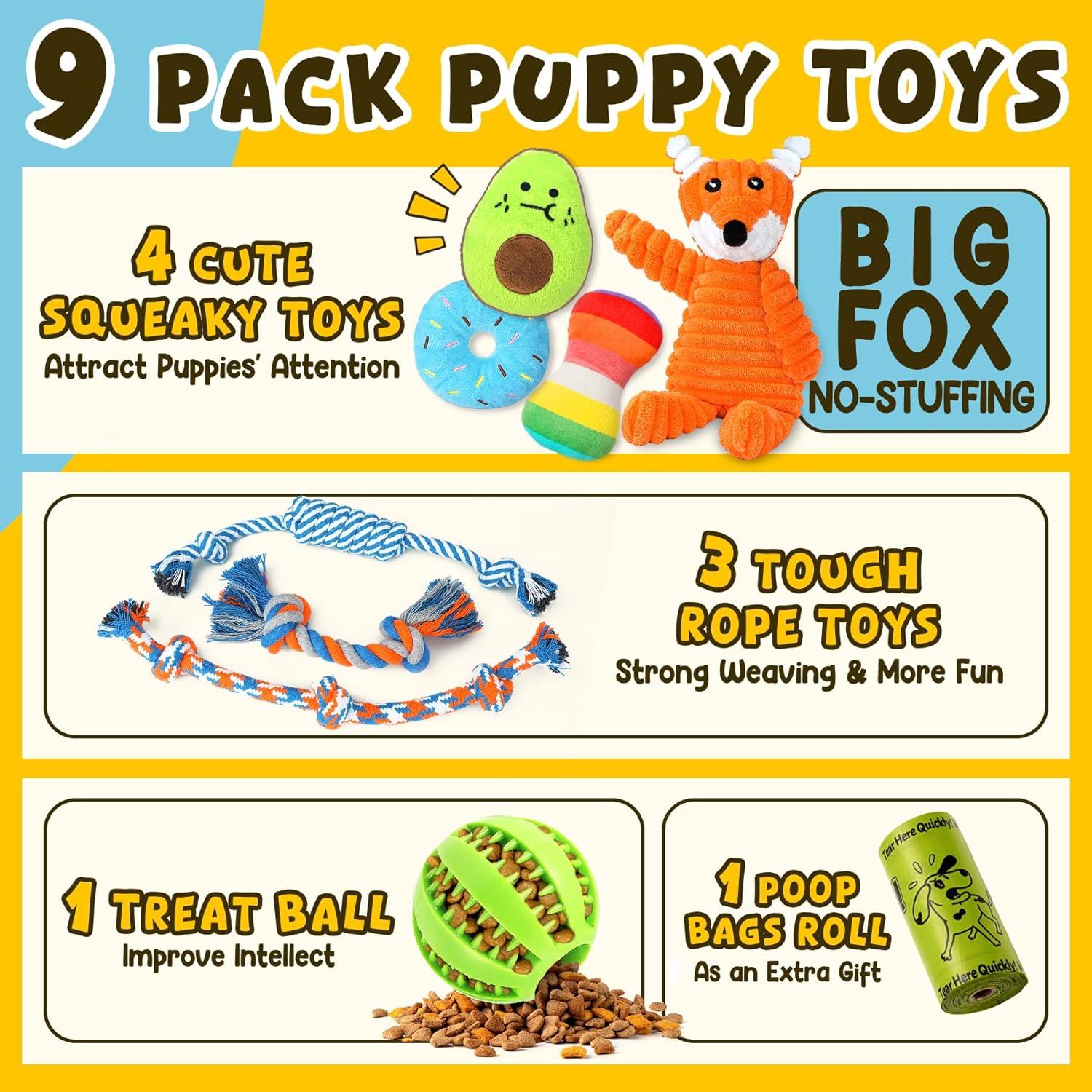 9 Pack Luxury Puppy Toys for Teething Small Dogs, Puppy Chew Toys with Cute Squeaky Dog Toys, Ball and More Rope Dog Chew Toys colorful 9 pcs/set