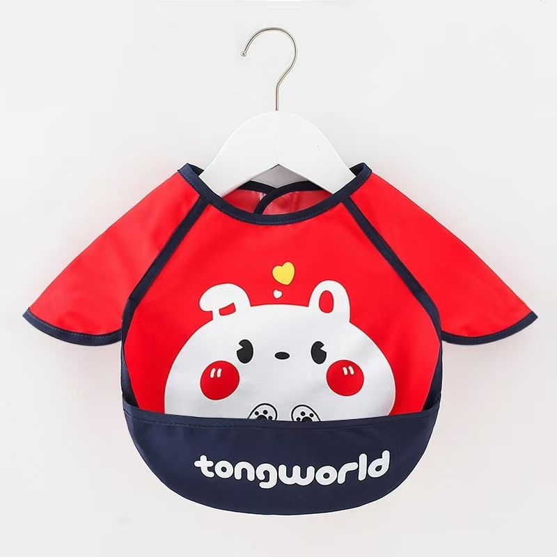 Baby Bib Complementary Food Cover Children's Sleeveless Bib Waterproof and Dirty Baby Reverse Dress Portable Feeding Pocket for Girls Boys Red ONE SIZE