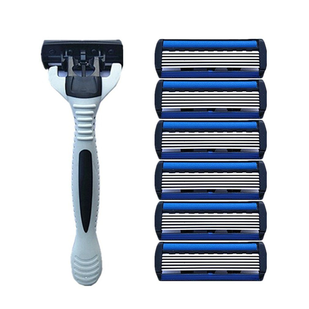 1+4 Combo Set Men Safety Traditional Classic 6 Layers Shaving Hair Blade Razor Manual Stainless Steel Shaving Hair Blade White One knife rest and three knife heads