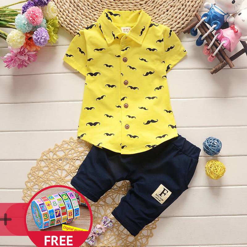 Summer Baby Clothing Set for Boys Tracksuit Kids Clothes T-shirt +Short 2PCS Set Cartoon Moustache Baby Sport Suit White 12M/80 cm