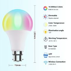 16 Million Colors Light Bulbs B22 10W Indoor Lighting LED RGB Bulb Wireless Remote Bluetooth Control Multi Color Tunable White Smart RGB Lamp 16 Million as picture