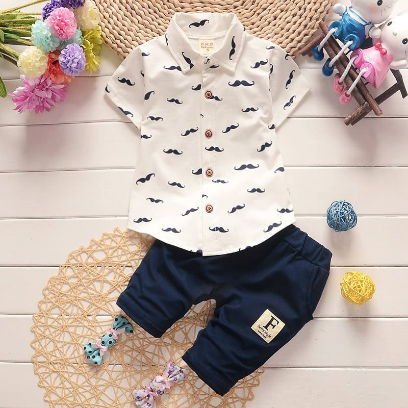 Summer Baby Clothing Set for Boys Tracksuit Kids Clothes T-shirt +Short 2PCS Set Cartoon Moustache Baby Sport Suit White 24M/100 cm