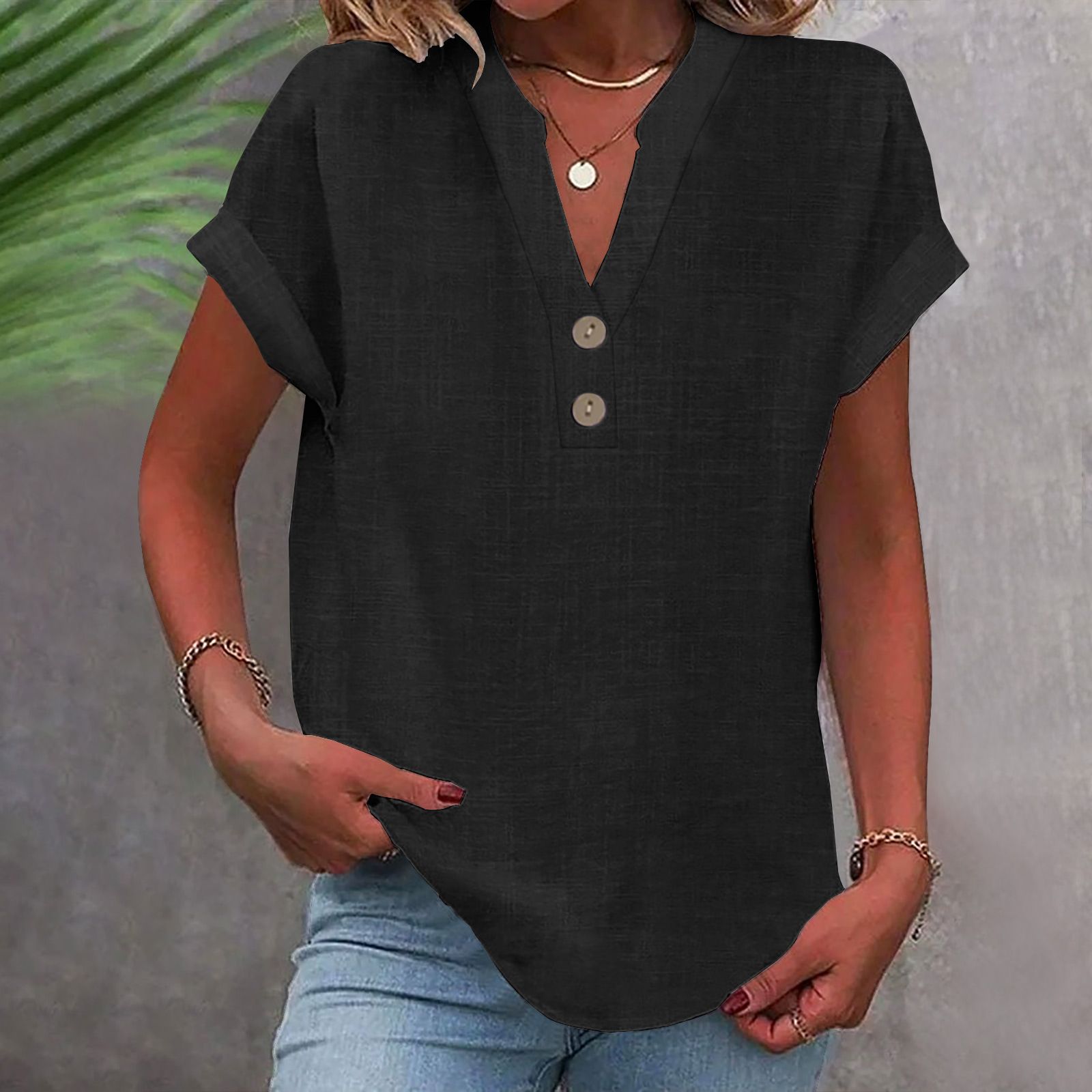 Womens Short Sleeve Henley Tops V Neck Dressy Casual Loose Fit Shirts Summer Flowy Blouses 2025 Trendy Clothes pink L