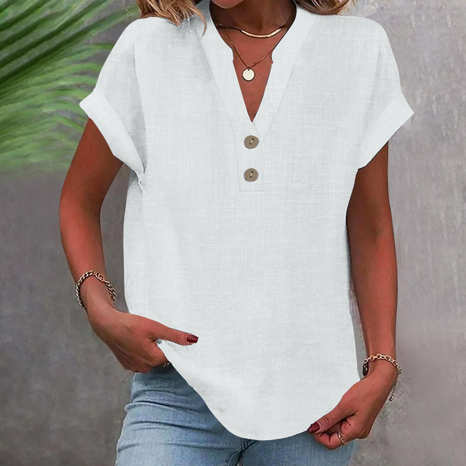 Womens Short Sleeve Henley Tops V Neck Dressy Casual Loose Fit Shirts Summer Flowy Blouses 2025 Trendy Clothes pink L