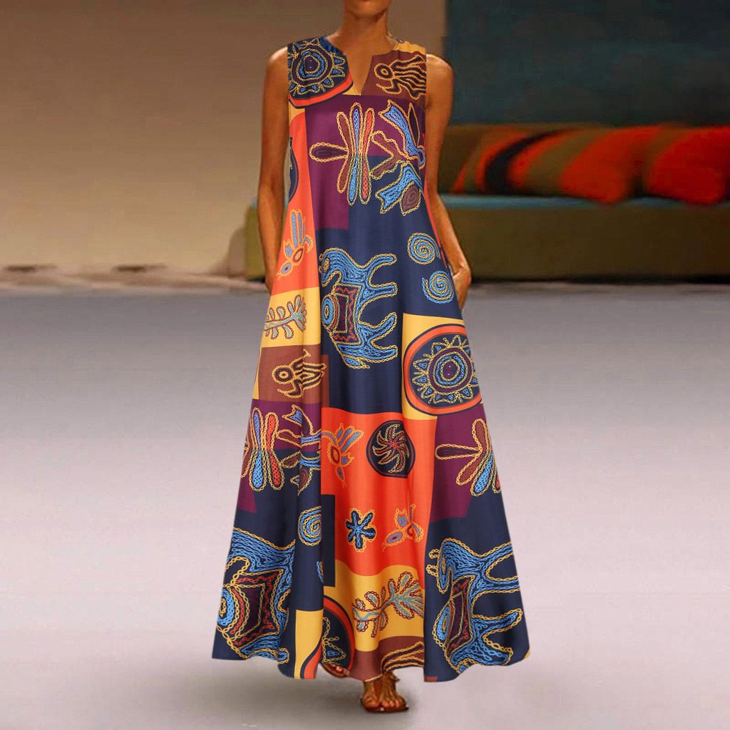 Fashionable new summer women's sleeveless V-neck printed sexy dress long skirt vlcq-534 S