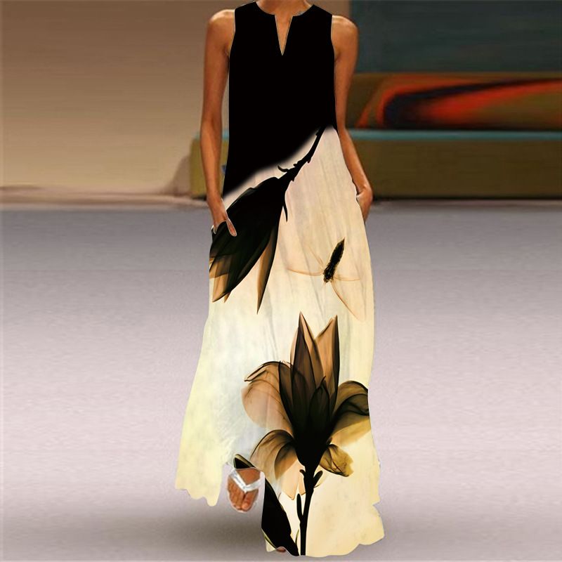 Fashionable new summer women's sleeveless V-neck printed sexy dress long skirt vlcq-534 S