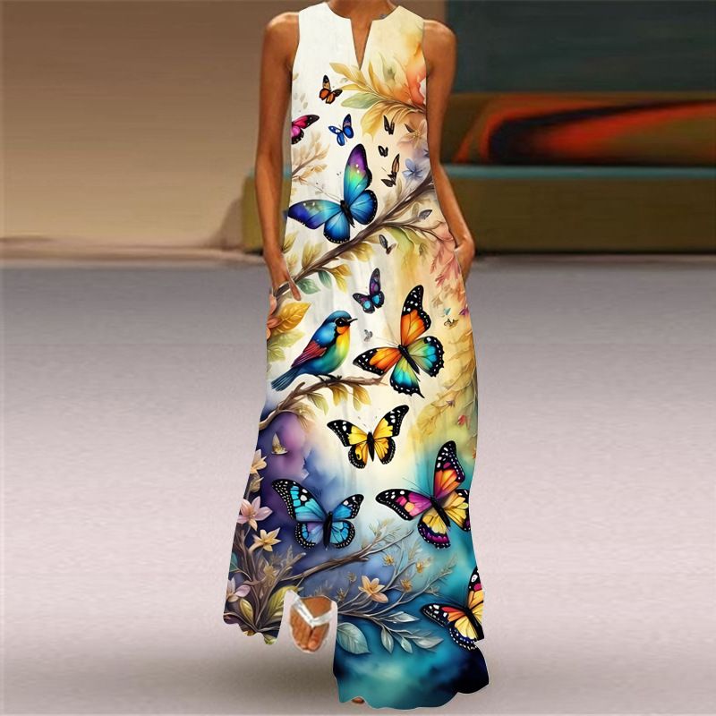 Fashionable new summer women's sleeveless V-neck printed sexy dress long skirt vlcq-534 S