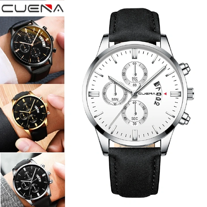 CUENA Men Watch leather straps Stainless Steel Good Quartz Luxury Man Wristwatch Waterproof Watches Fashion Business Quartz Analog Male Watch Wrist Watch Valentines Gift Fashion Sliver one size