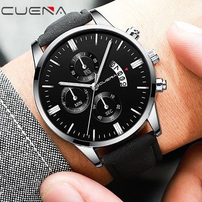 CUENA Men Watch leather straps Stainless Steel Good Quartz Luxury Man Wristwatch Waterproof Watches Fashion Business Quartz Analog Male Watch Wrist Watch Valentines Gift Fashion Sliver one size