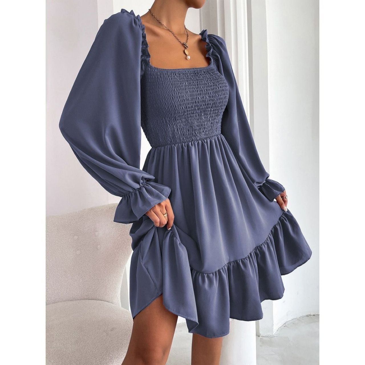 Women's Long Sleeve Ruffle Boho Short Dress