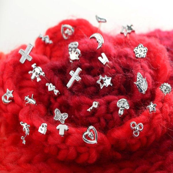 24 Pairs Silver Earrings Cross Heart Star Flower Different Shapes Ear Stud Earrings For Women Men Fashion Jewelry Wholesale Silver one size