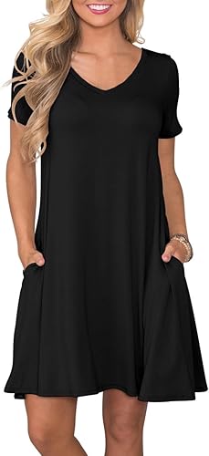 2025 New Round Neck Solid Color Casual Pocket Short Sleeve Large Swing Dress for Women's Wear Style1 L