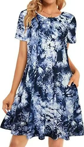 2025 New Round Neck Solid Color Casual Pocket Short Sleeve Large Swing Dress for Women's Wear Style1 L