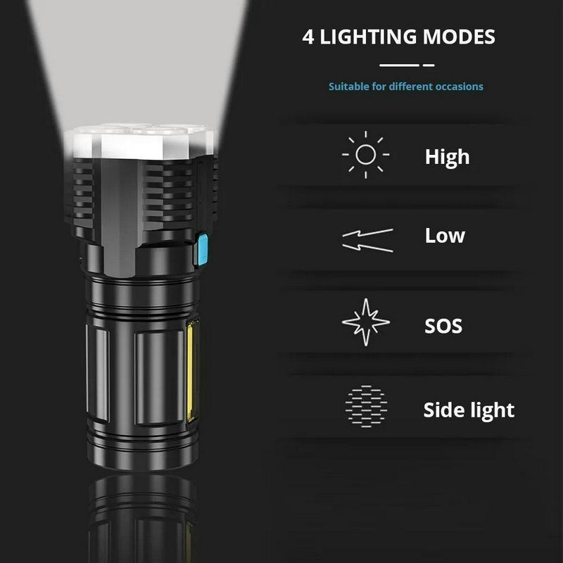 High Power LED Flashlights Camping Torches With 4 Lamp Beads And COB Side Light Rechargeable Portable Hand Lantern 4 Lighting Mode Outdoor Lighting Black as picture