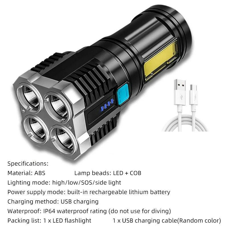 High Power LED Flashlights Camping Torches With 4 Lamp Beads And COB Side Light Rechargeable Portable Hand Lantern 4 Lighting Mode Outdoor Lighting Black as picture