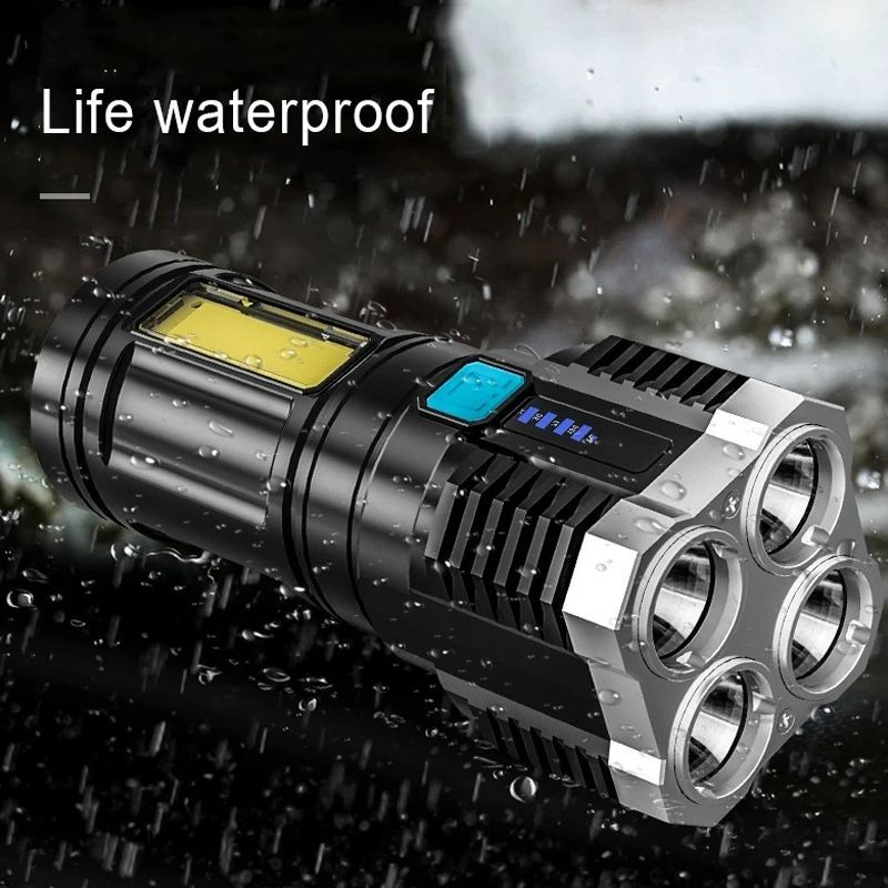 High Power LED Flashlights Camping Torches With 4 Lamp Beads And COB Side Light Rechargeable Portable Hand Lantern 4 Lighting Mode Outdoor Lighting Black as picture