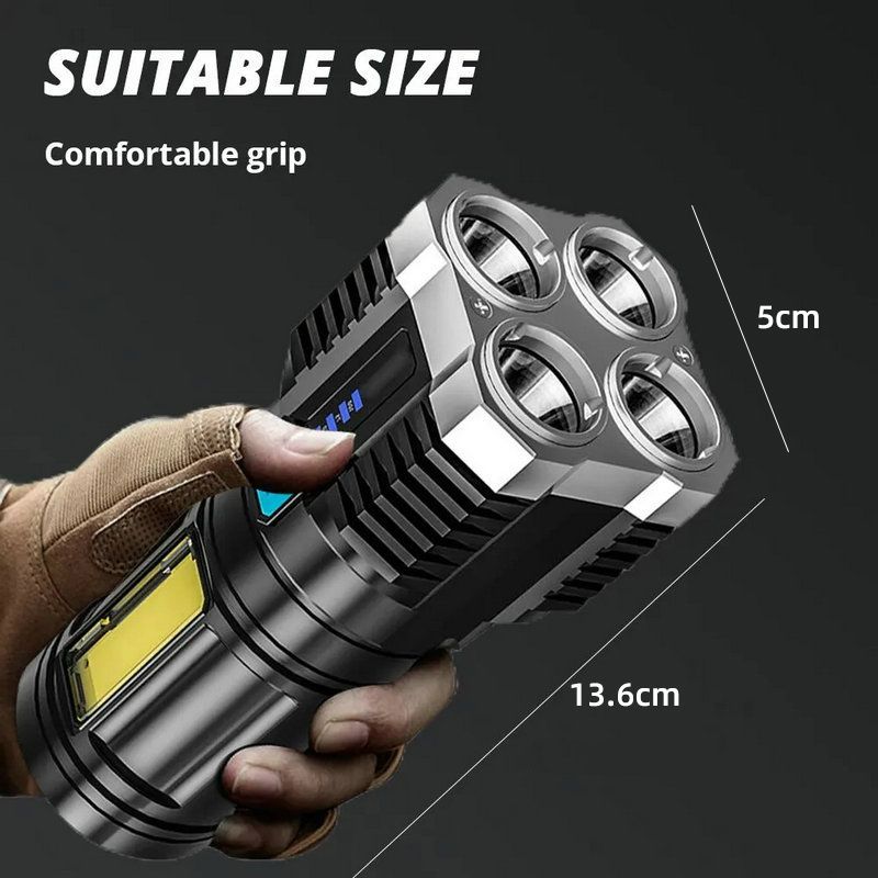 High Power LED Flashlights Camping Torches With 4 Lamp Beads And COB Side Light Rechargeable Portable Hand Lantern 4 Lighting Mode Outdoor Lighting Black as picture